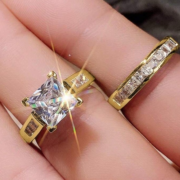 Princess Cut Moissanite Engagement and band set, 14K Yellow Gold Plated Set - Picture 7 of 11